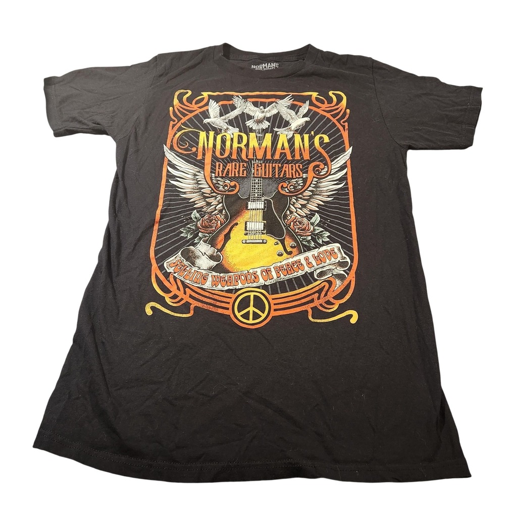 Normans Rare Guitars Shirt Mens Small Black Graphic‎ Tee Peace Love Tarzana